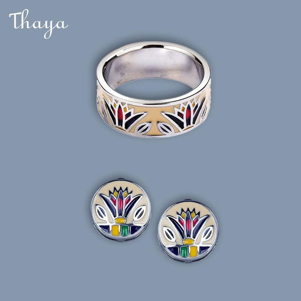 Thaya Enamel Lotus Ring & Earrings Set