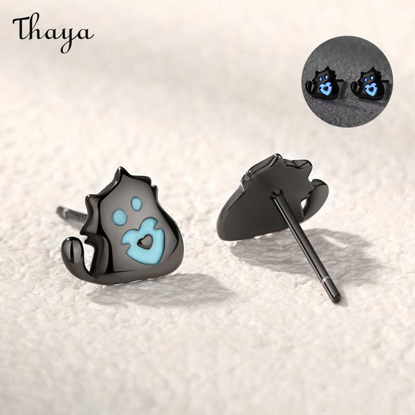 Thaya  S999 Silver Luminous Black Kitten  Earrings