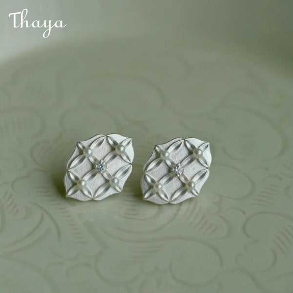 Thaya Sparkling Diamonds Osmanthus Pearl Stud Earrings