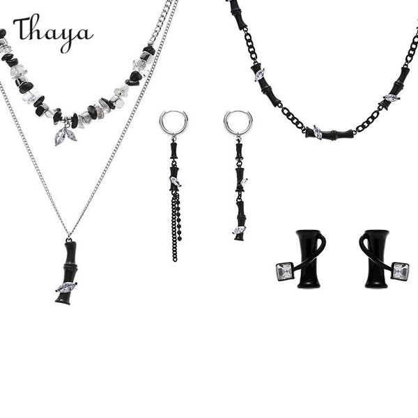 Thaya Elegant Black Bamboo Earrings & Necklace
