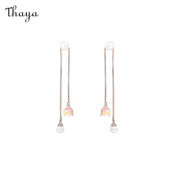 Thaya Pearl Tulip Long Chain Earrings