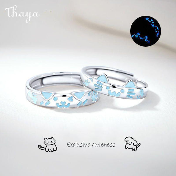 Thaya S925 Silver Luminous Enamel Cute Cat Paw Couple Rings