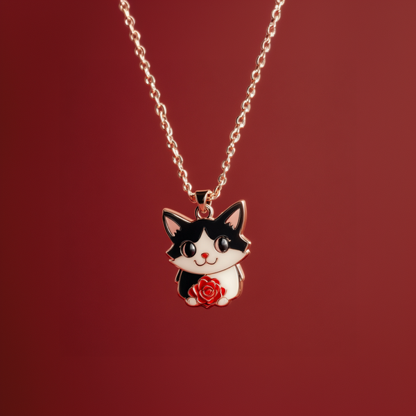 Thaya Cute Black Cat With Rose Necklace