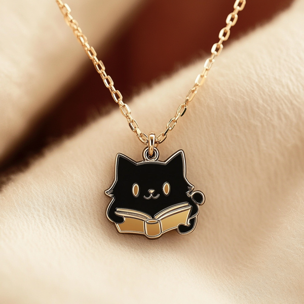 Thaya Black Reading Cat Necklace