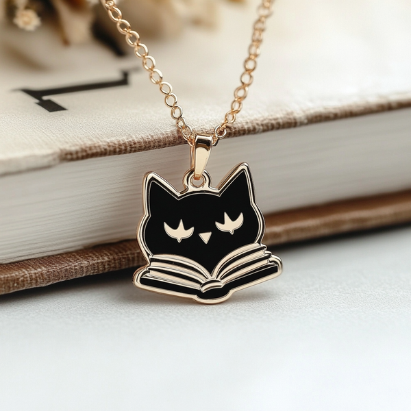 Thaya Black Reading Cat Necklace