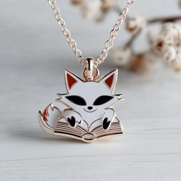 Thaya Pretty White&Black Fox With Book Necklace