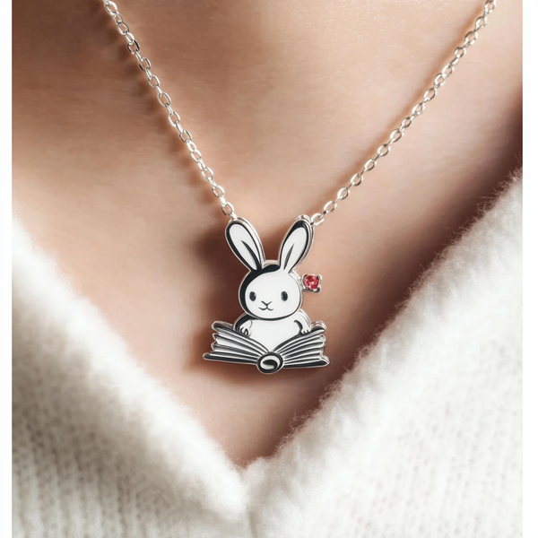 Thaya Pretty Black Rabbit With Book&Rose Necklace