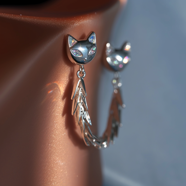 Thaya Lux Silver Cat Tassel Curved Chain Earrings