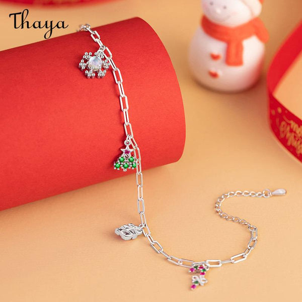Thaya S925 Silver Christmas Charm Snowflake Tree Glazed Stone Bracelet