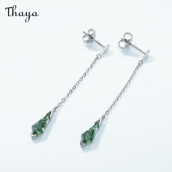 Thaya S925 Silver Green Moss Stone Dangle Earrings
