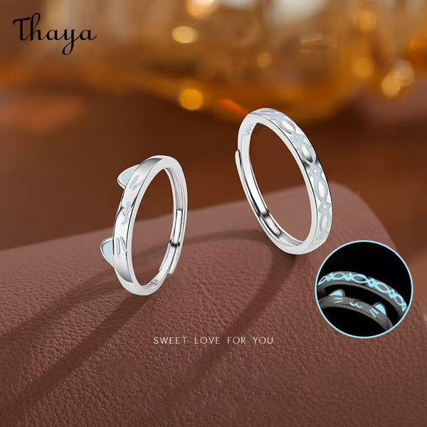 Thaya S925 Silver Luminous Fish & Cat Couple Rings
