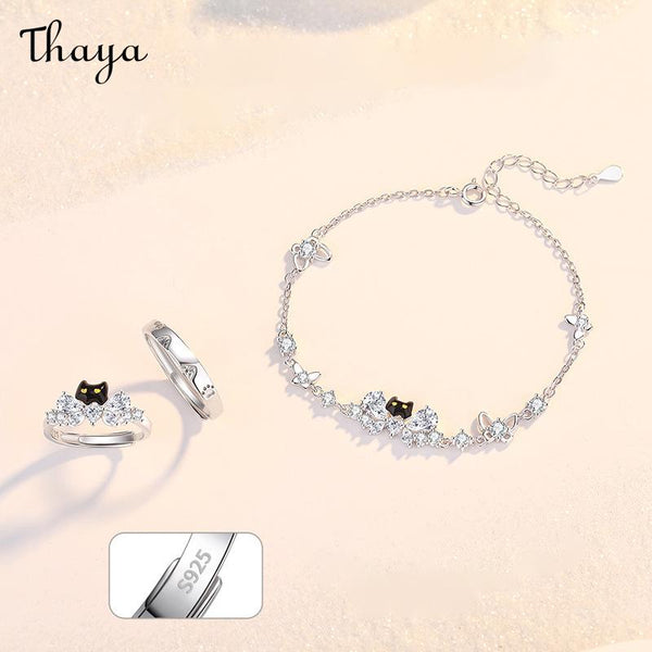 Thaya S925 Silver Cat  Paw Couple Rings & Bracelet