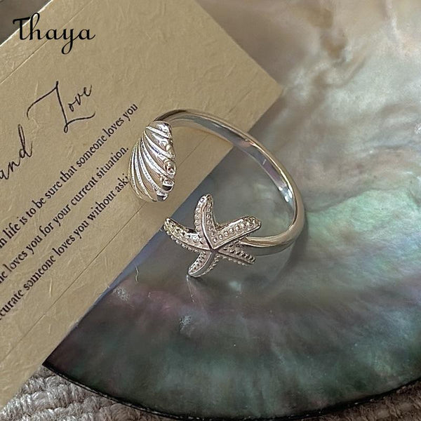 Thaya S925 Silver Starfish & Seashell Charm Ring