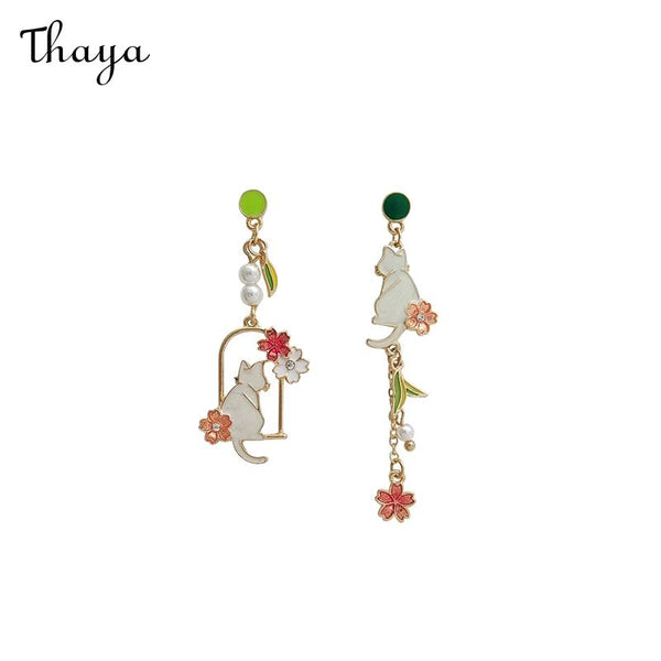 Thaya Asymmetrical Cute Kitty Flowers Tassel Earrings