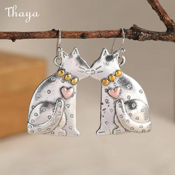 Thaya Silver Cat Heart Earrings
