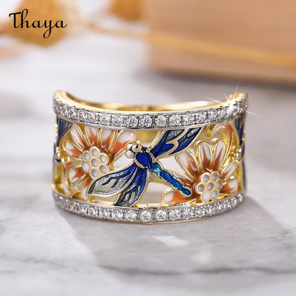 Thaya Enamel Floral Dragonfly Ring