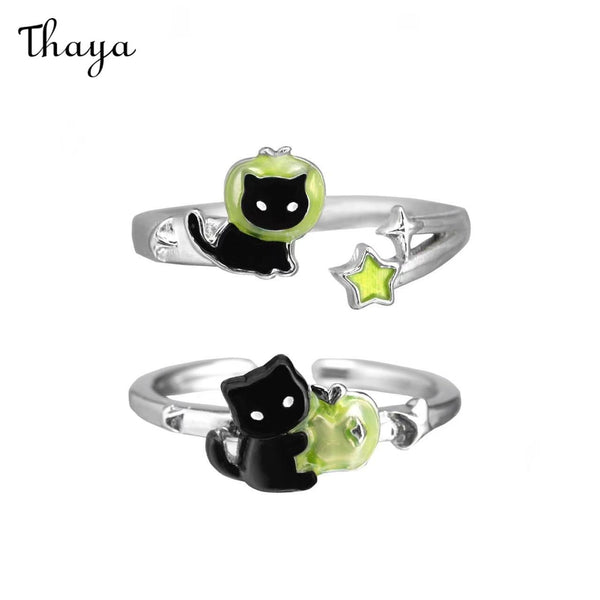 Thaya Cute Black Cat Green Apple Ring