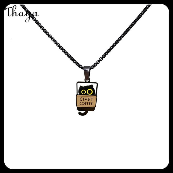 Thaya Black Cat in Coffee Cup  Necklace
