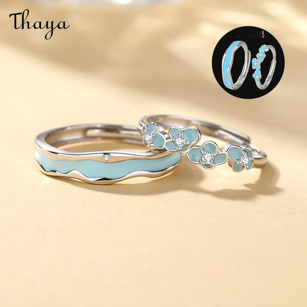 Thaya S925 Silver Enamel Luminous Plum Blossom Couple Rings