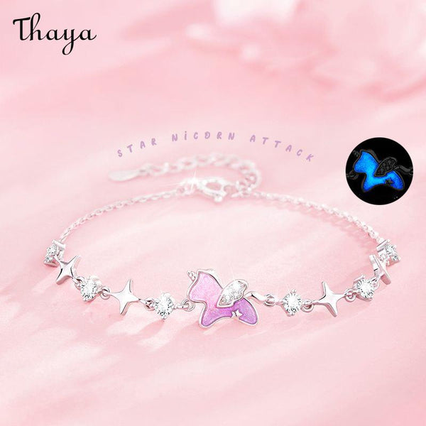 Thaya S925 Silver Luminous Enamel Star Wish Unicorn Bracelet & Earrings