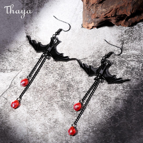 Thaya Dark Gothic Exaggerated Red Water Drop Bat Earrings