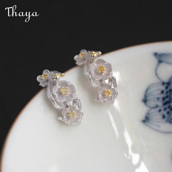 Thaya Plum Blossom Design Silver Plated Earrings