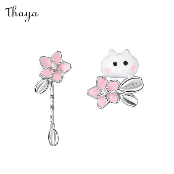 Thaya Cute Cat Cherry Blossoms Stud Earrings