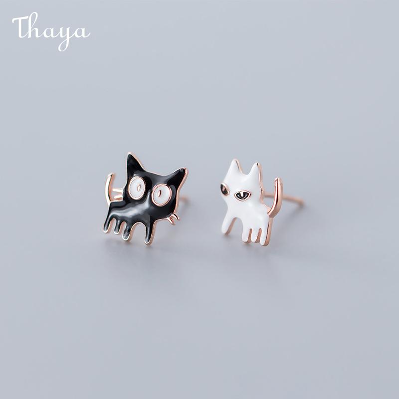 Boucles d'oreilles chat noir + blanc Thaya en argent 925