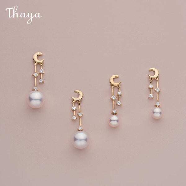 Thaya Argent 925 Croissant de Lune Boucles d'Oreilles Perles Pompon