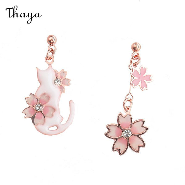 Thaya Asymmetric Enamel Drip Cherry Blossom & Cat Earrings