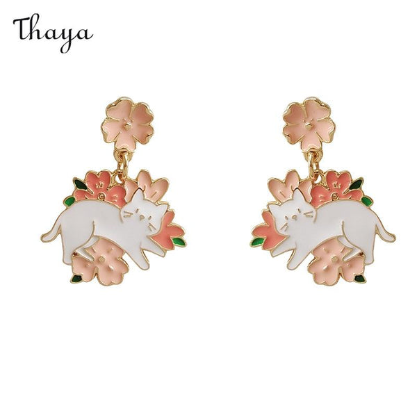 Thaya Playful Flower Kitten Earrings