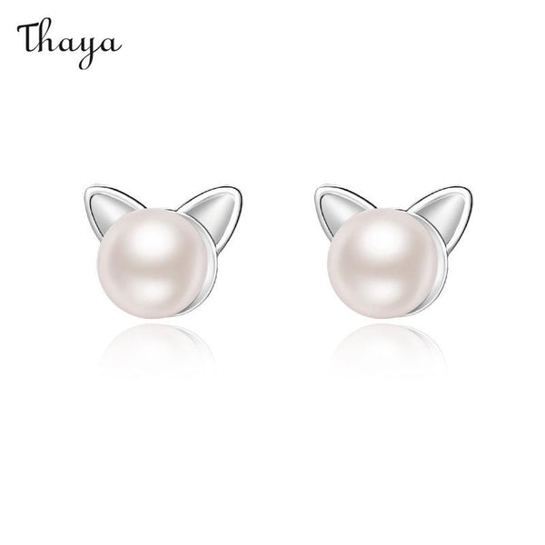 Thaya 999  Silver Cat Pearl Stud Earrings