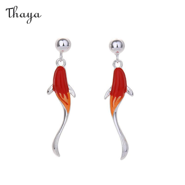 Boucles D'oreilles Tiges Cloisonnées Koi Bleu Et Rouge Thaya