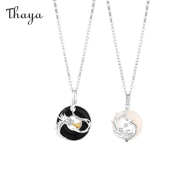 Thaya 925 Silber Drachen und Phönix Peace Buckle Paar Halsketten