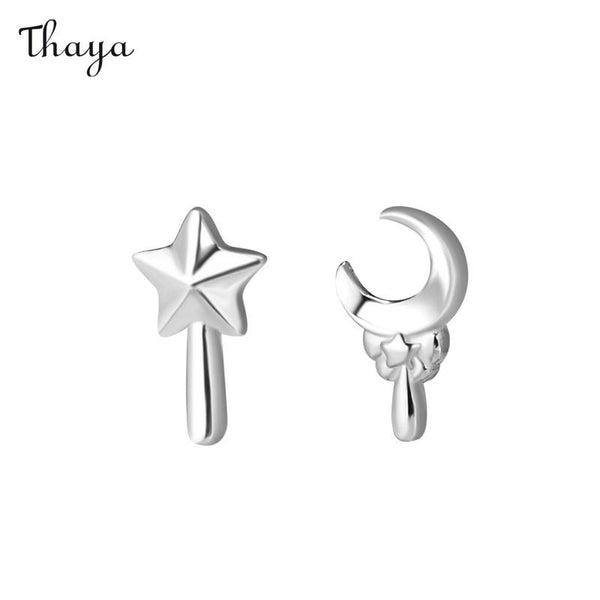 Thaya 999 Silver Star Moon Fairy Wand Earrings