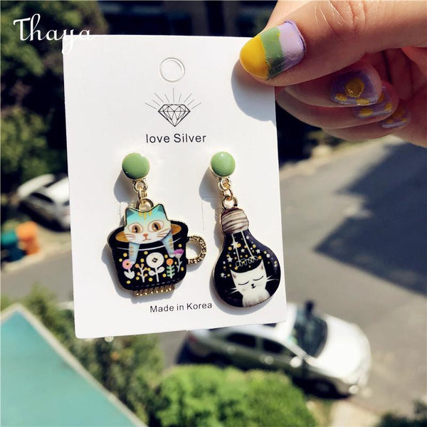 Thaya Asymmetrical Cute Teacup Light Bulb Cat Earrings