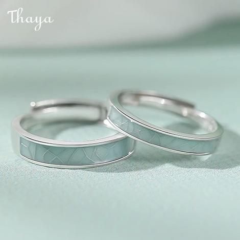 Thaya 925 Silver Blue And White Porcelain Couple Rings