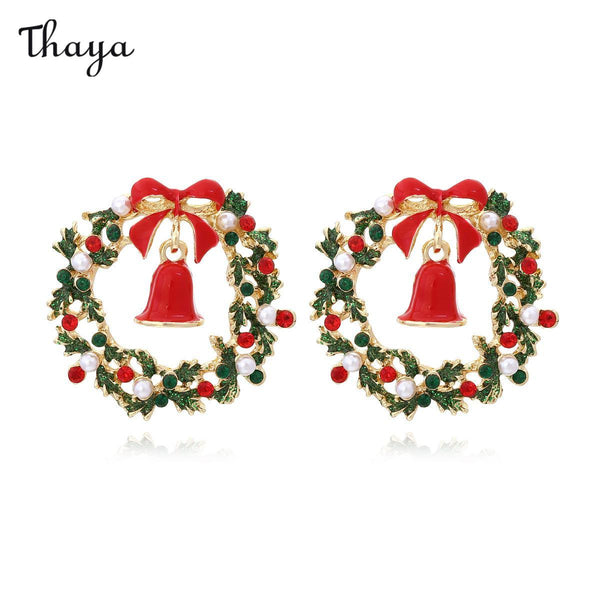 Thaya Christmas Leaf  Wreath Bow Bells Earrings
