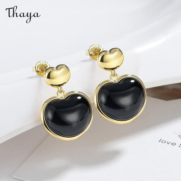 Thaya Natural Black Agate Golden Heart Necklace Set