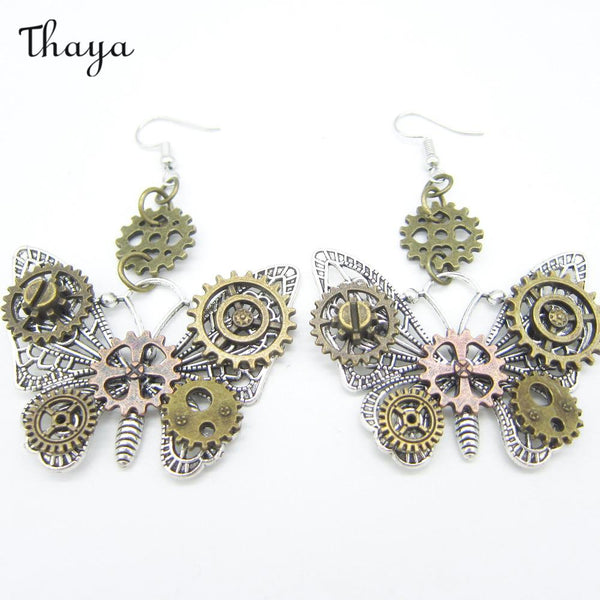 Thaya Gear Butterfly Steampunk Vintage Earrings