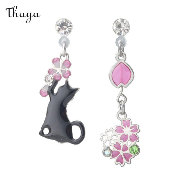 Thaya Asymmetrical Cat and Cherry Blossom Earrings