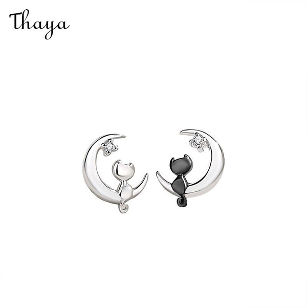 Thaya 925 Silver Moon Love Cat Earrings
