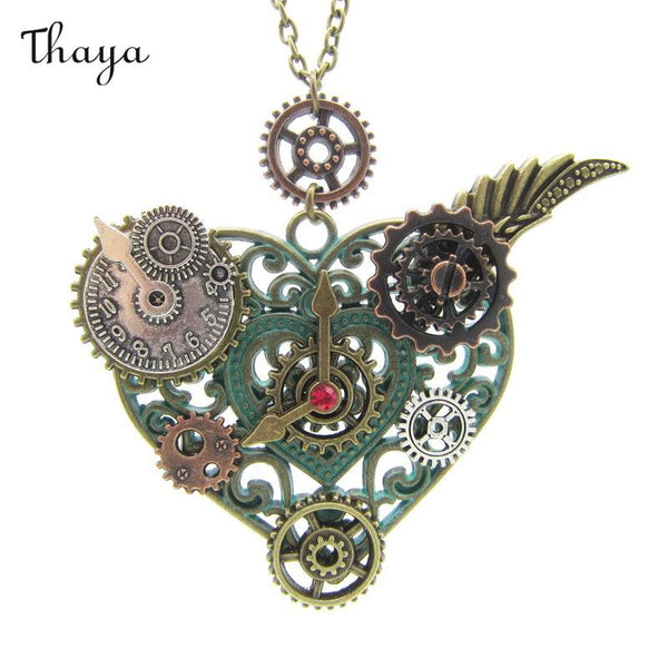 Thaya Vintage Green Bronze Heart Wings Gear Necklace