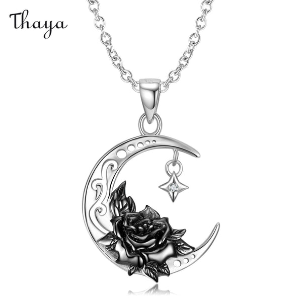Thaya 925 Silver Black Romantic Rose And Crescent Moon Necklace