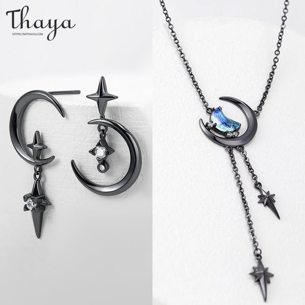 Thaya Original Design Vintage Lune Pendentif Collier + Lune Cristal Boucles D'oreilles Couple Ensemble