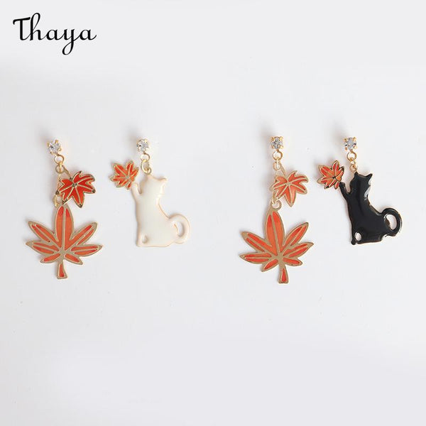 Thaya Cat Maple Leaf Earrings