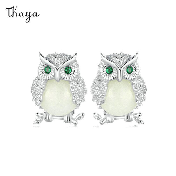 Thaya 925 Silver Enchant Owl Platinum Earrings