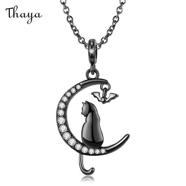 Thaya 925 Silver Moon Cat Necklace
