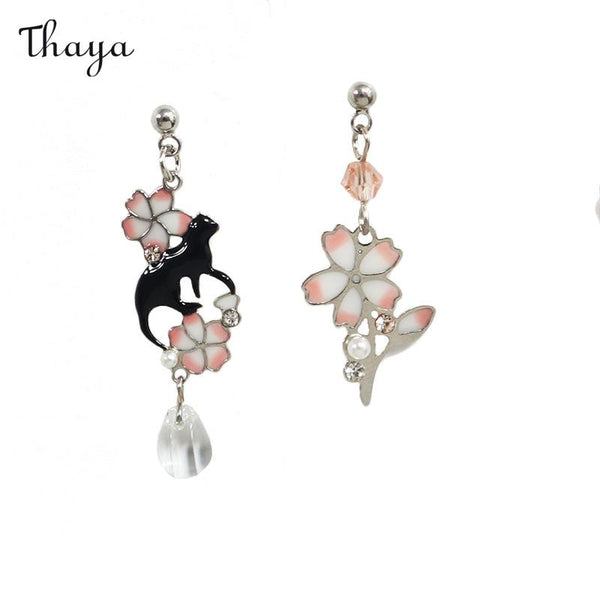 Thaya Enamel Cat Cherry Blossom Earrings