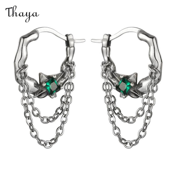 Thaya Silver Chain Green Stone Hoop Earrings
